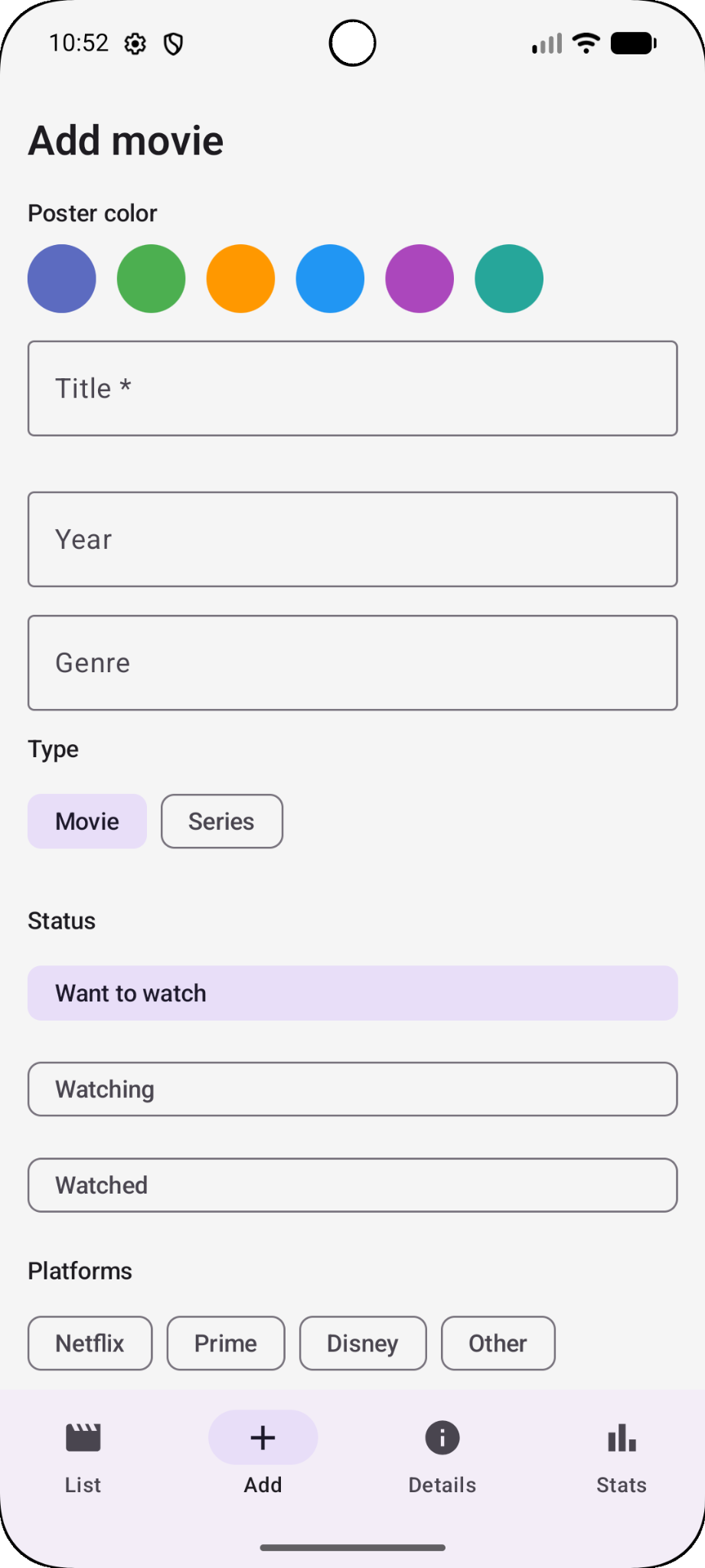 Offline Movie Watchlist add movie screen